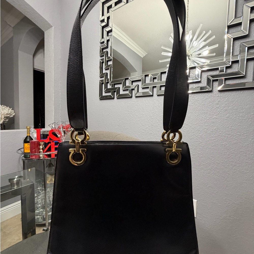Salvatore Ferragamo Black Shoulder Bag with Gold Accents